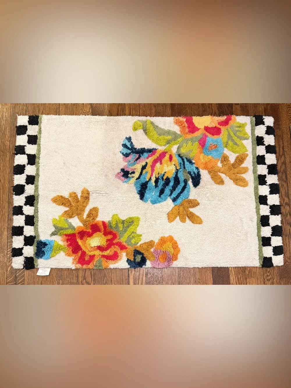 Mackenzie Childs Flower Market Floral Multicolored Checked Cotton Bath Mat